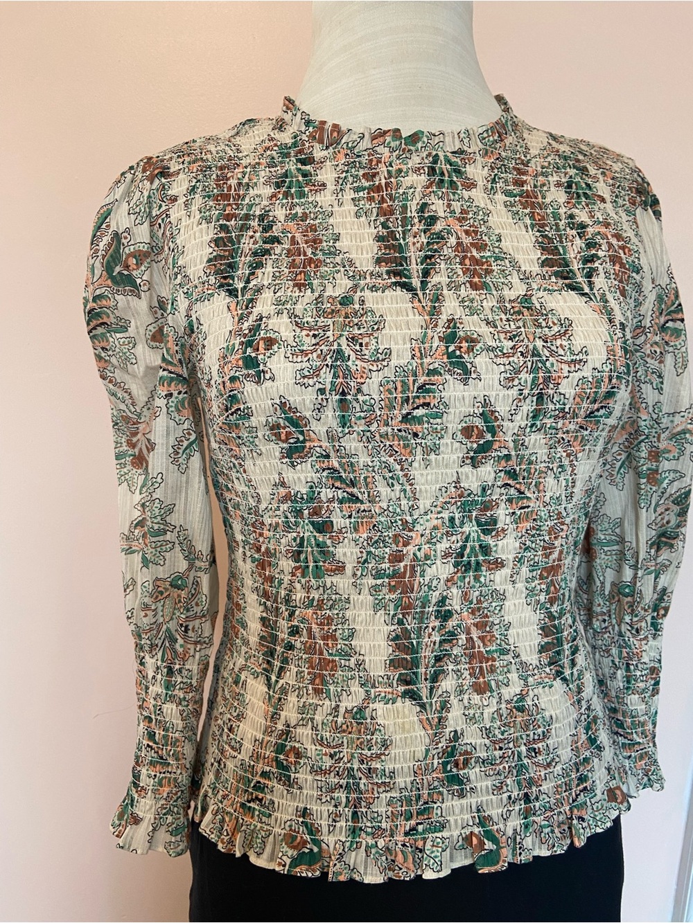 Veronica Beard All Cotton Smocked Floral Long Sleeve Top in Cream, Green & Brown